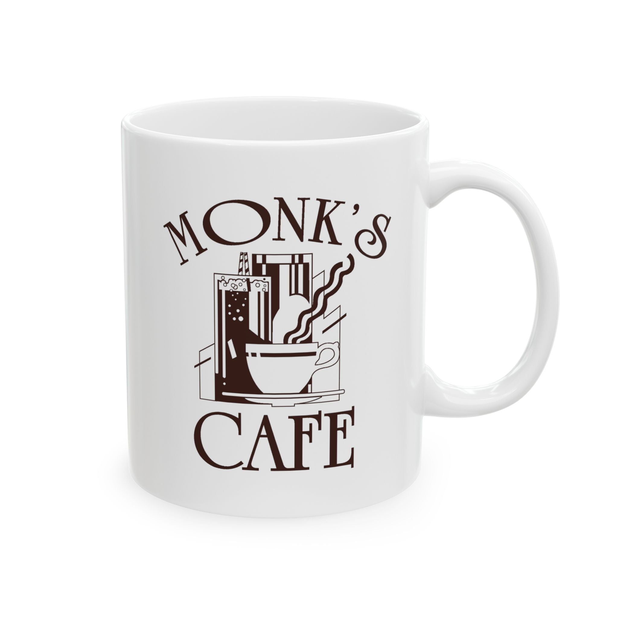 Monk's Cafe Coffee Mug — Vintage Script Ceramic Tea Cup (11oz & 15oz) | Seinfeld