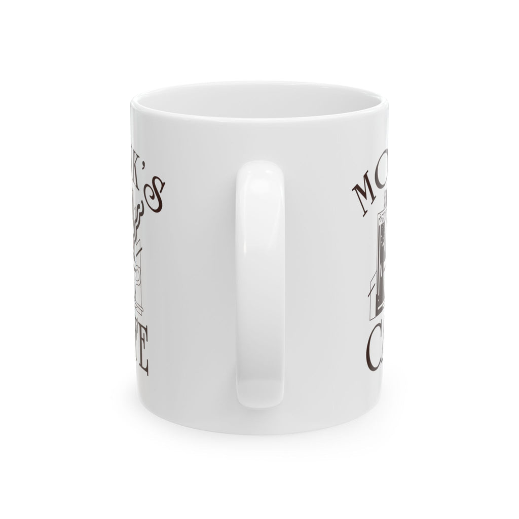 Monk's Cafe Coffee Mug — Vintage Script Ceramic Tea Cup (11oz & 15oz) | Seinfeld