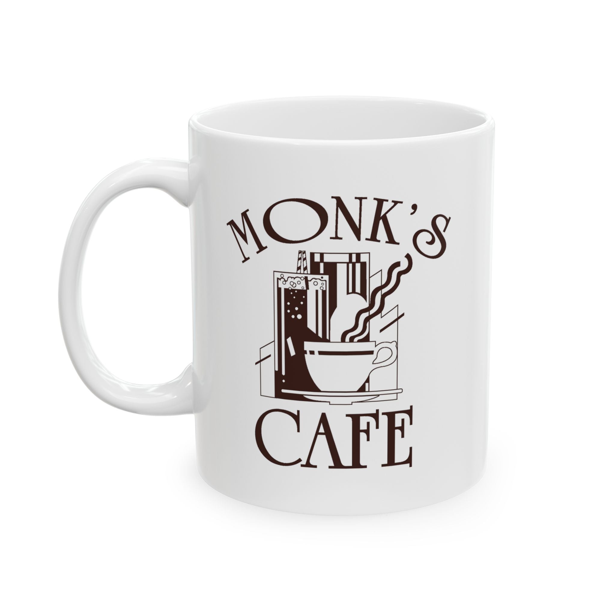 Monk's Cafe Coffee Mug — Vintage Script Ceramic Tea Cup (11oz & 15oz) | Seinfeld
